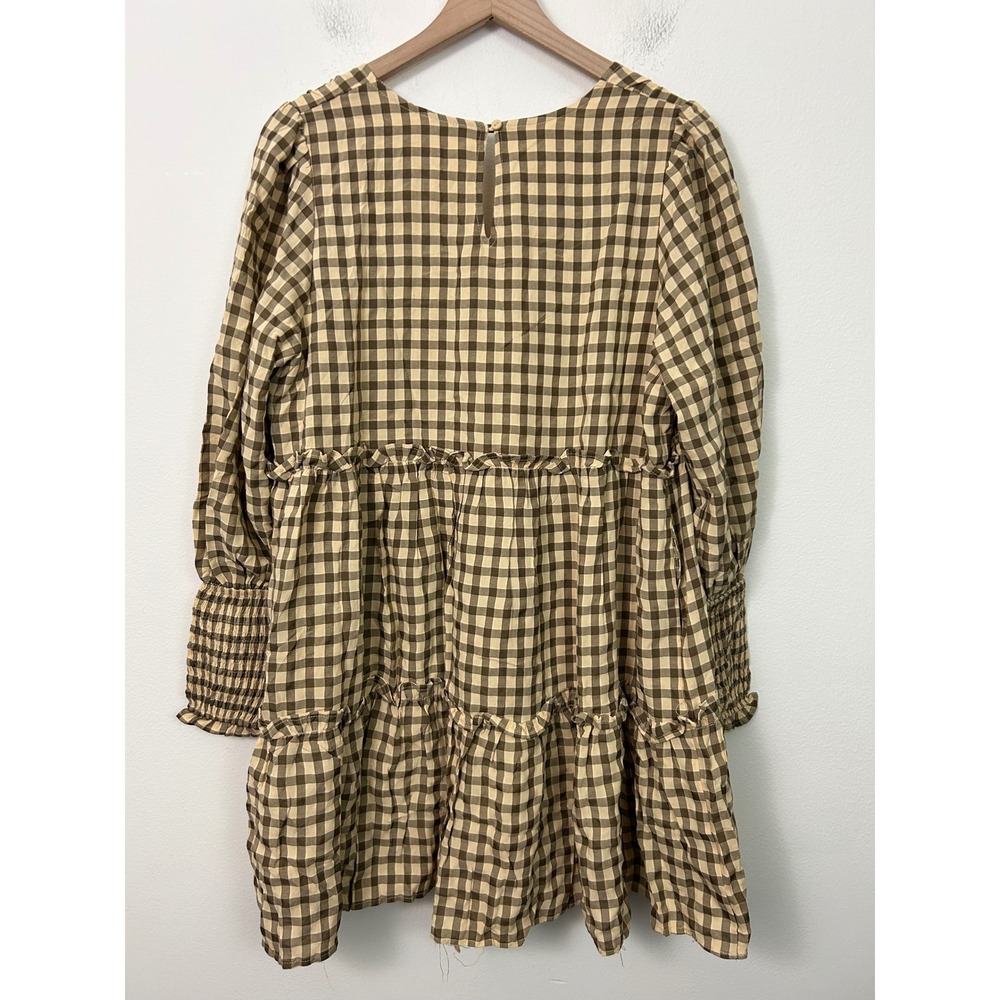 Talulah‎ Womens Brown Gingham Tiered Babydoll Mini Dress Smocked Long Sleeve M - Picture 2 of 12